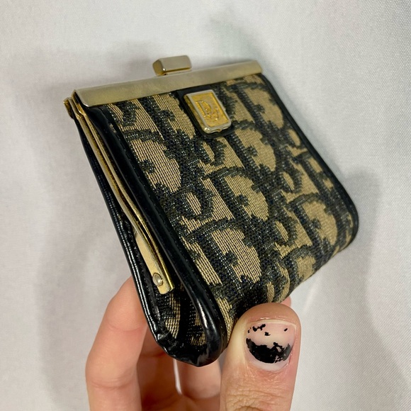 Christian Dior | vintage 80s gold & tan/navy monogram canvas mini coin clutch - Picture 2 of 8